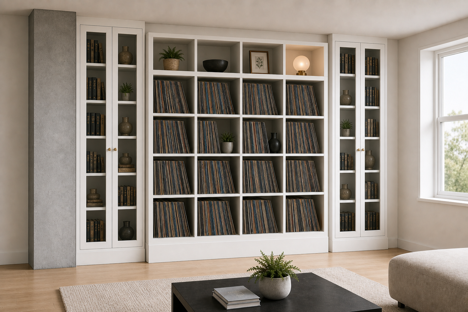 Bookshelf built-in mockup with BILLY side towers and KALLAX record storage