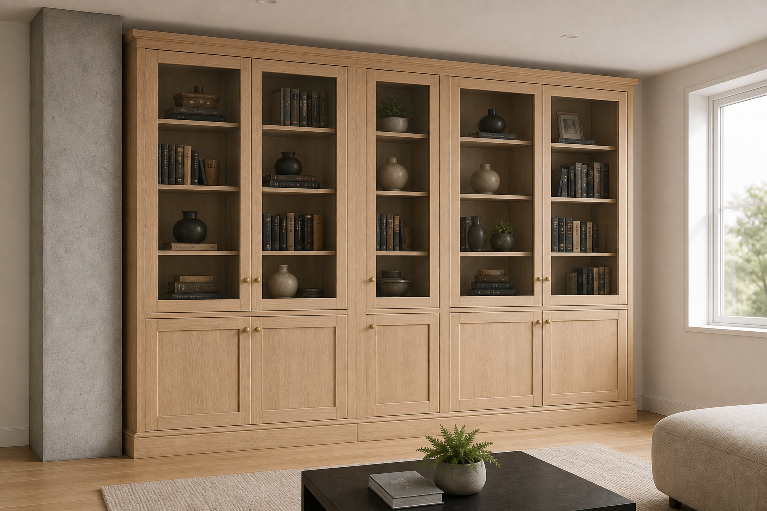 Photorealistic mockup of Option E with five-bay premium custom cabinetry