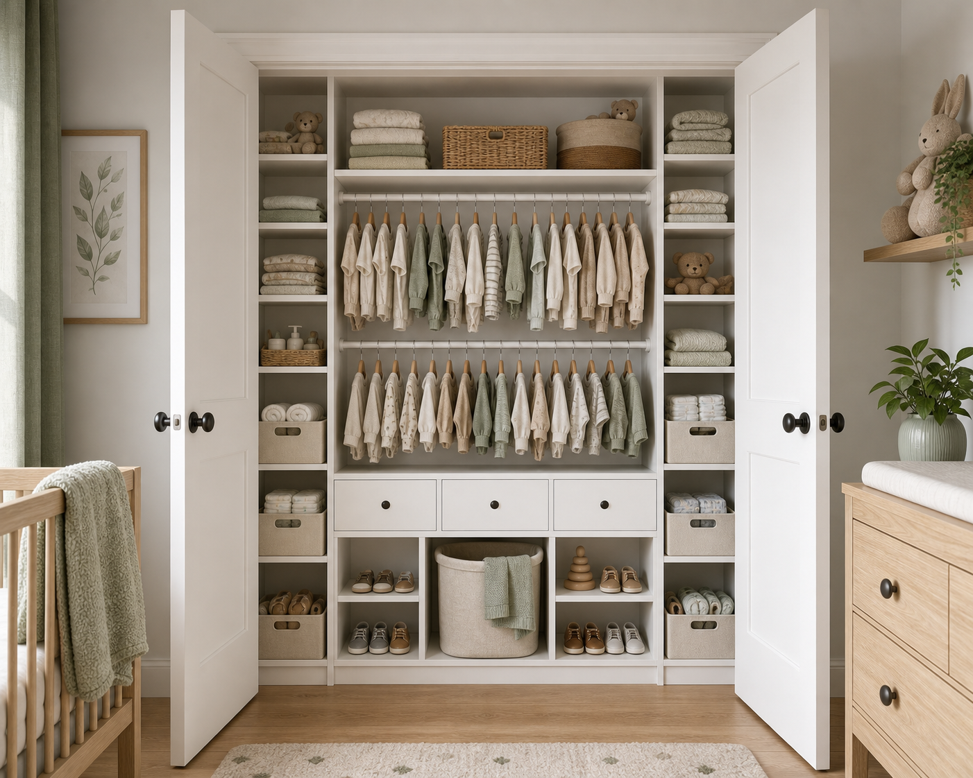 Nursery closet mockup with solid white shaker-style doors, custom white built-in storage, shelves, drawers, and hanging rods
